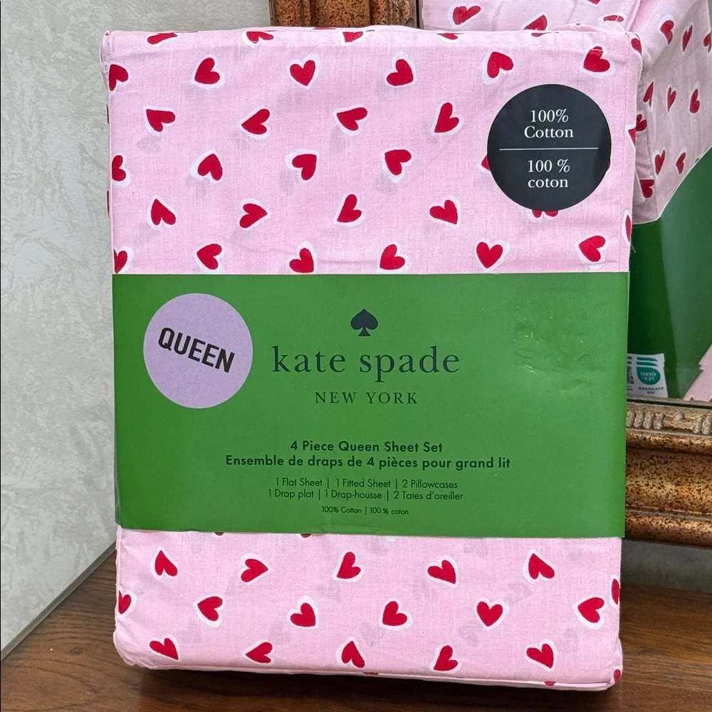 Kate Spade Pink and Red Heart Queen Sheet Set. Pink background. 100% cotton.